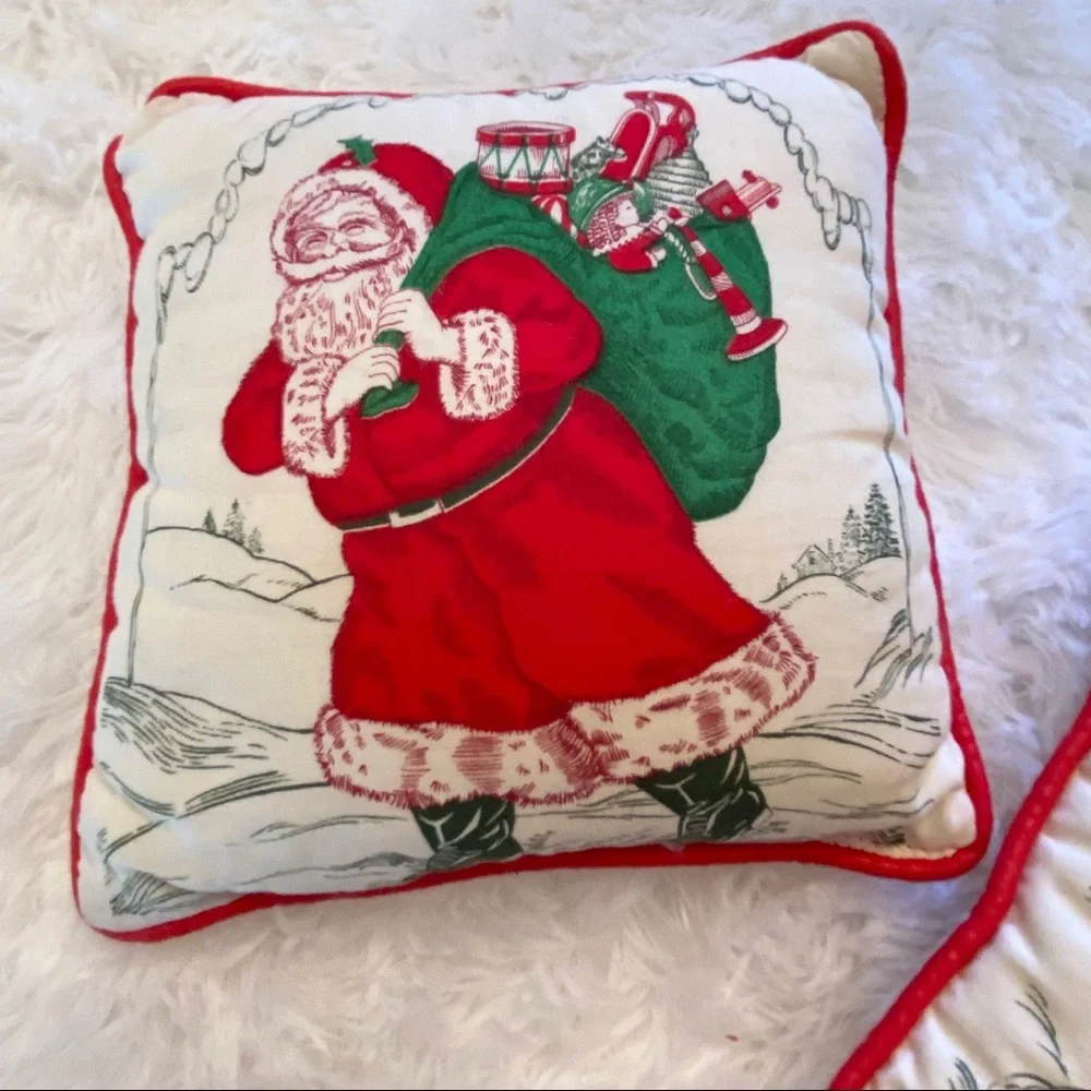 Vintage Christmas Holiday Santa And Sleigh Mini Pair Of Pillows
